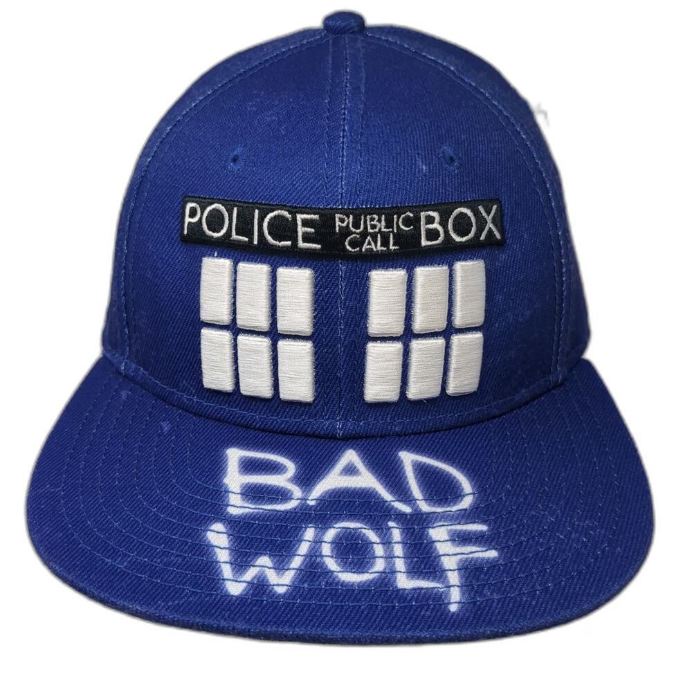 Doctor Who Snapback Blue Hat One Size Bad Wolf TARDIS Police Box Graffiti Brim